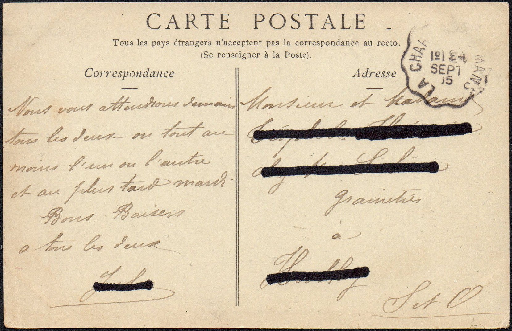 Railway / Tramway cancellations of La Sarthe : Courrier-Convoyeur-Ligne La Chartre-s/le Loir au Mans 1⁰ Taxed.
